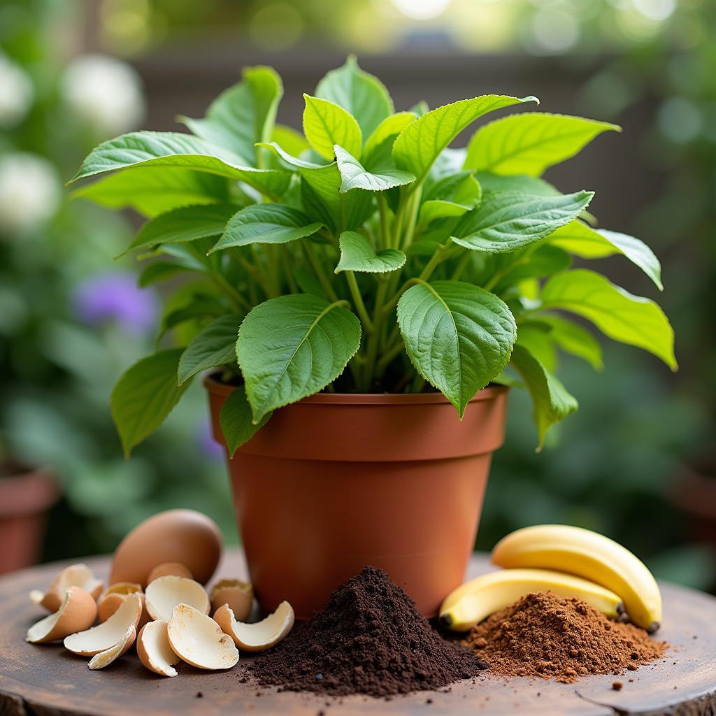 Nitrogen-rich foods promote healthy plant growth by providing essential nutrients for photosynthesis and foliage development. The image depicts a variety of these foods, such as coffee grounds, banana peels, and manure, arranged around healthy, vibrant plants.