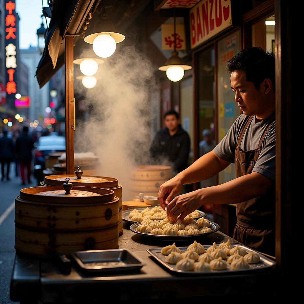 NYC Chinatown Food Tour: Steaming Dumplings at a Busy Stall