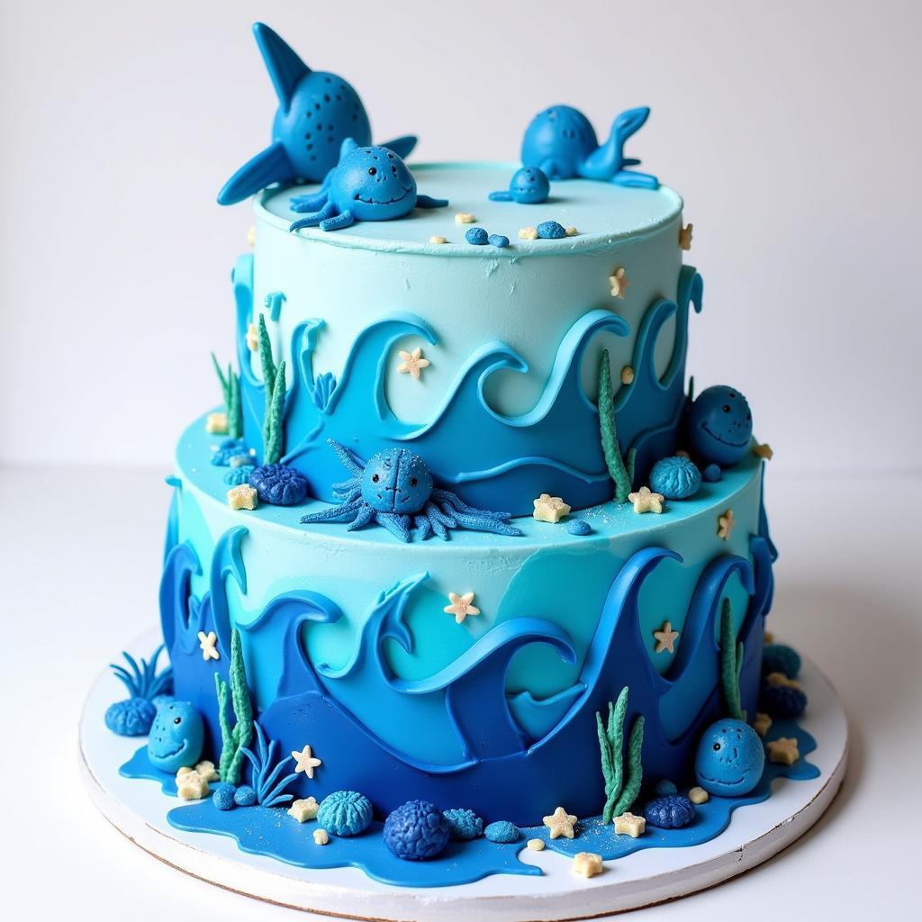 Ocean-Themed Cake Decorated with Blue Gel Food Coloring