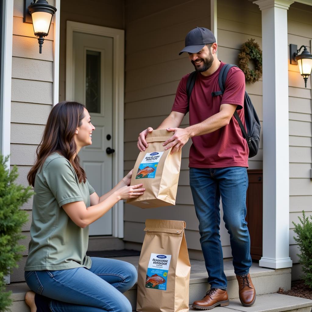 Fish food being delivered to a doorstep