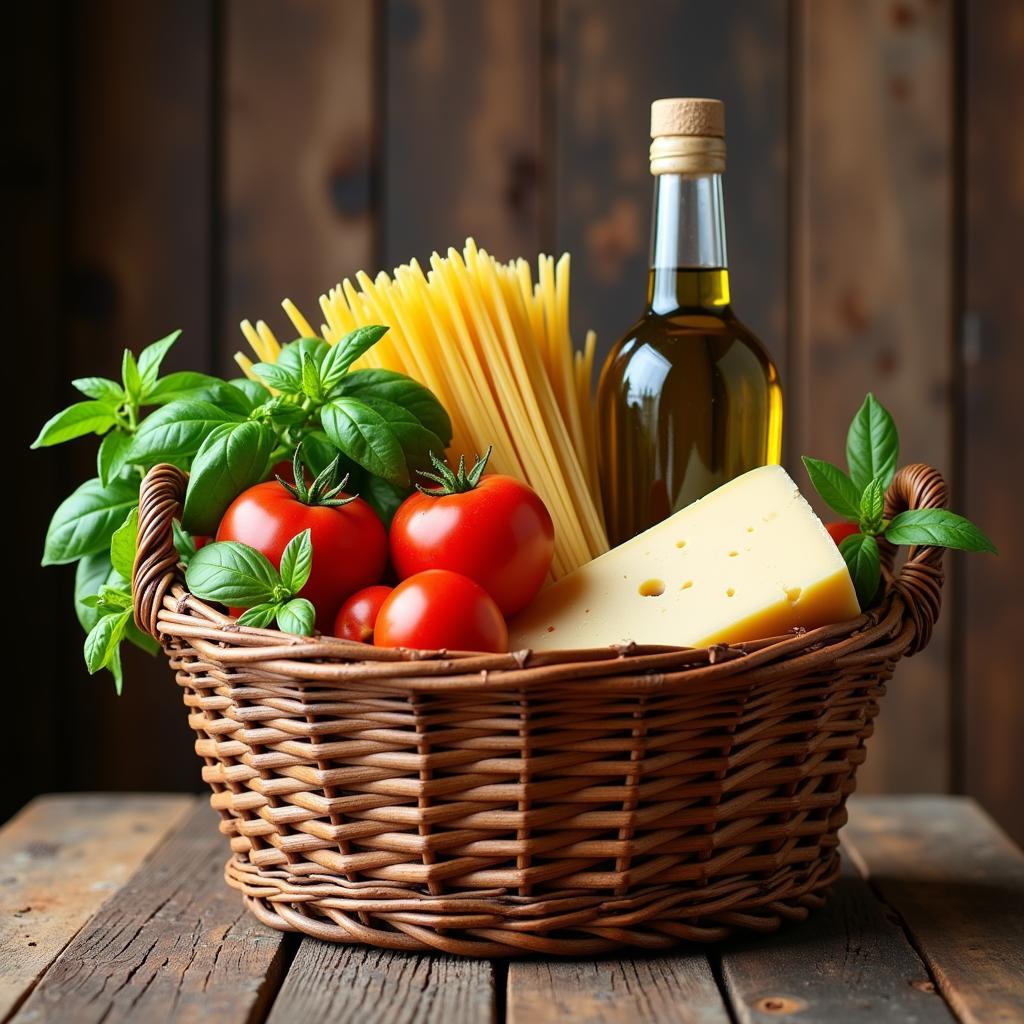 Convenient Online Italian Food Shopping: A basket overflowing with fresh pasta, vibrant tomatoes, and fragrant basil, illustrating the ease and abundance of shopping for Italian ingredients online.