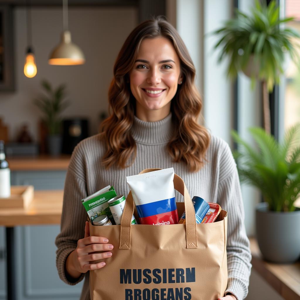 A delivery person handing a bag of Russian groceries to a happy customer.