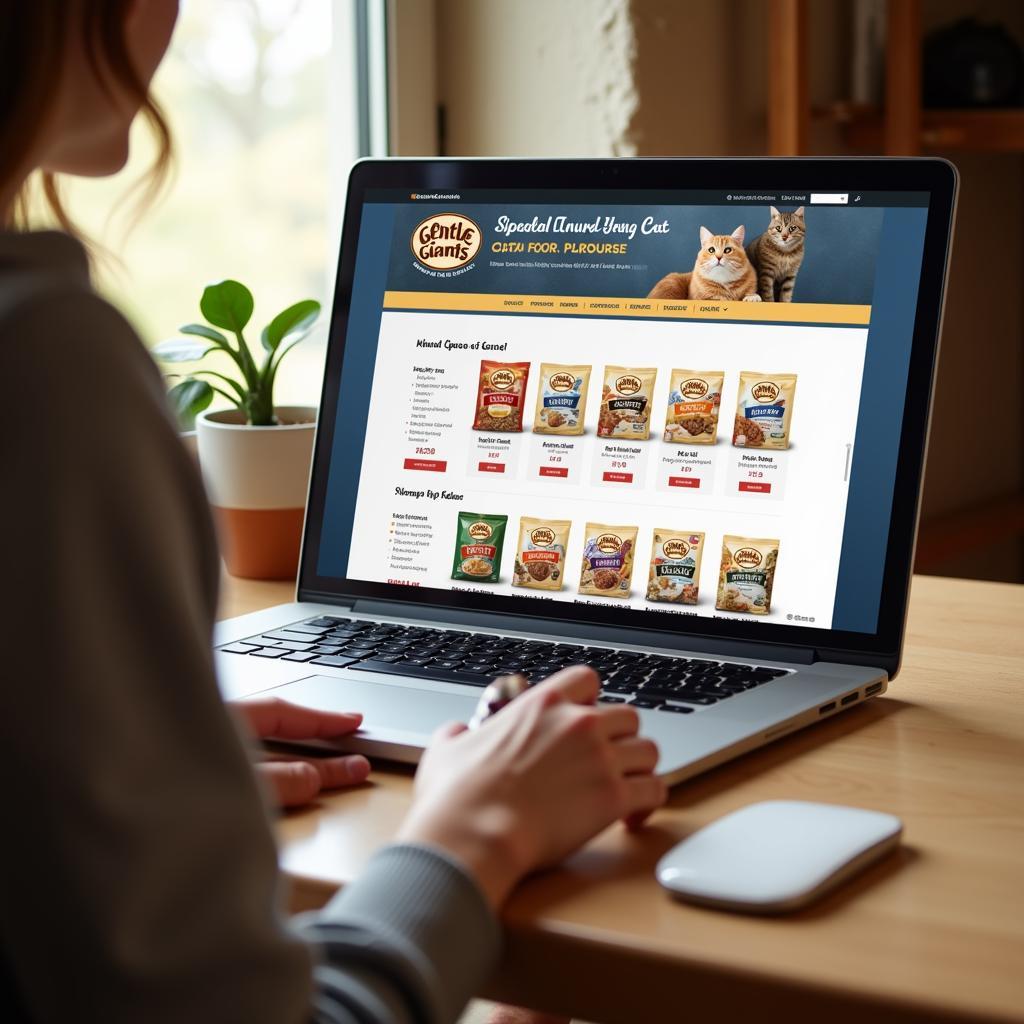 A person browsing Gentle Giants cat food options on a laptop