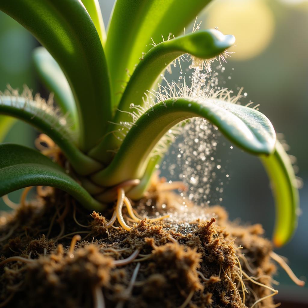 Orchid roots absorbing nutrients from spray