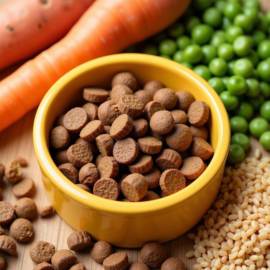 A close-up of organic dog food kibble made with wholesome ingredients.