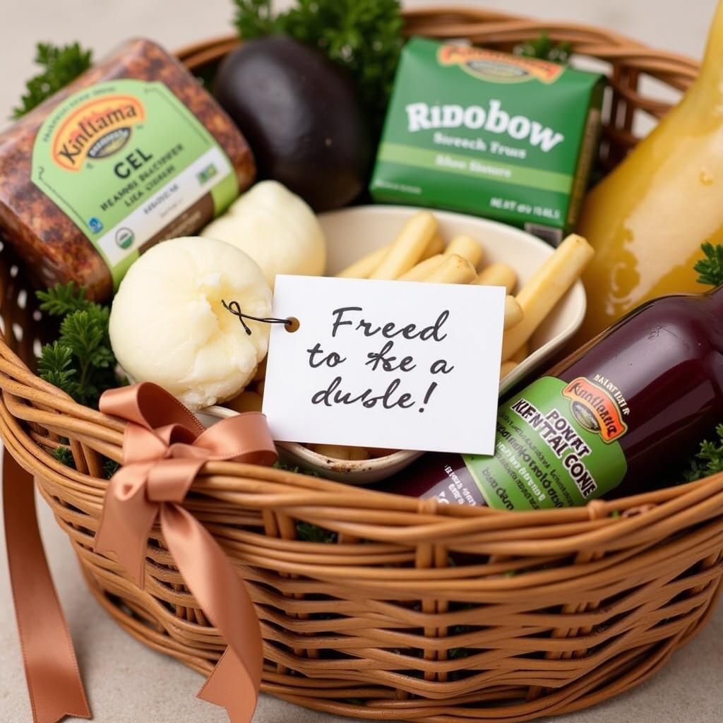 Beautifully presented organic food gift basket with ribbon and personalized message