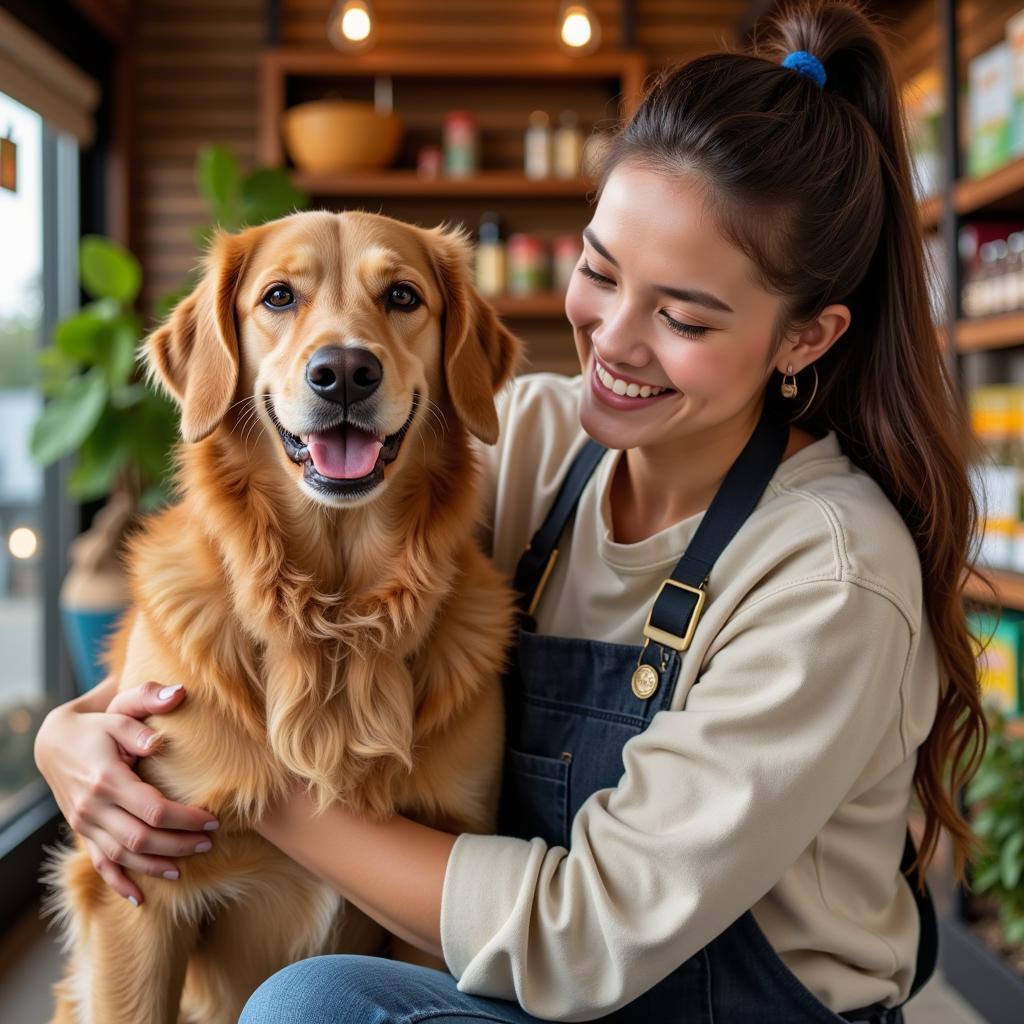 A happy organic pet food store owner kneeling beside a healthy, energetic dog