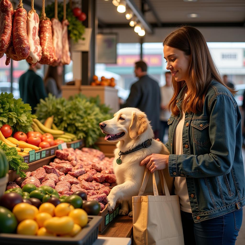 A dog owner purchasing organic ingredients for raw dog food from a local farmer's market.