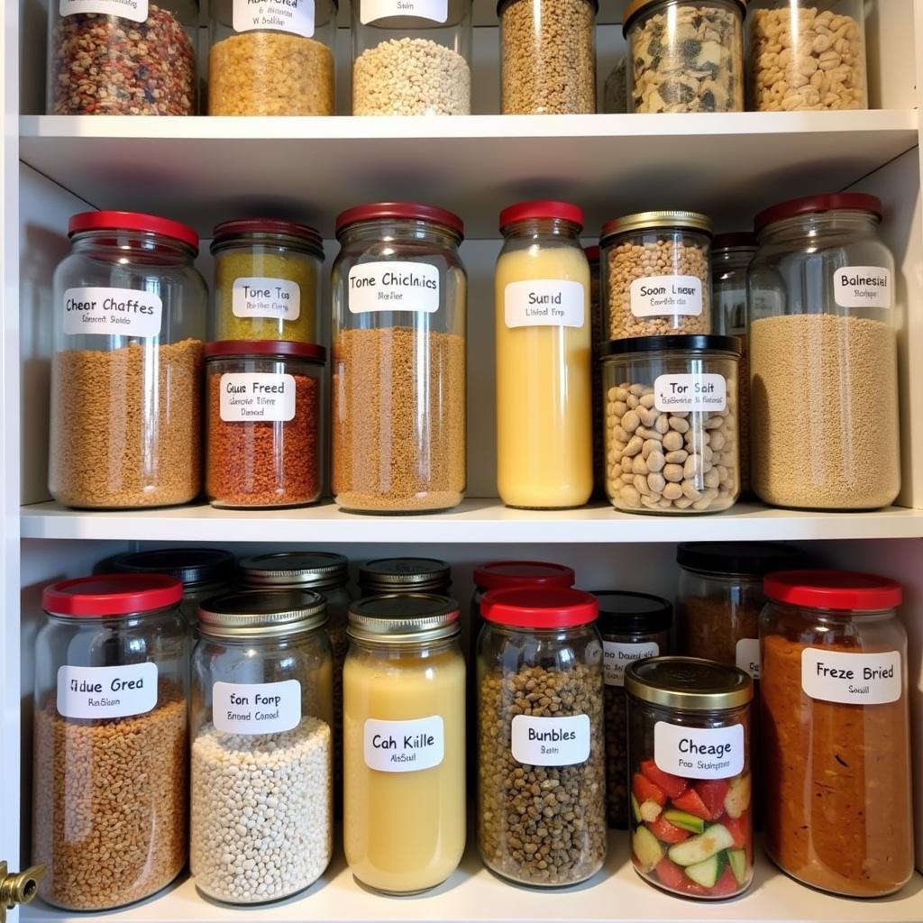 An organized pantry with labeled containers of survival food.