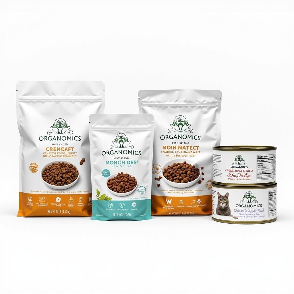 Organomics Cat Food Packaging: Various packaging options for Organomics cat food, including dry kibble and wet food cans.