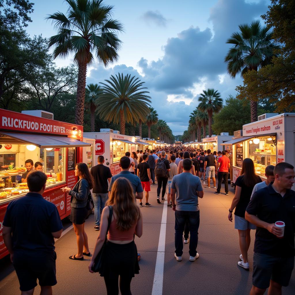 Crowd enjoying diverse food options at an Orlando food truck event