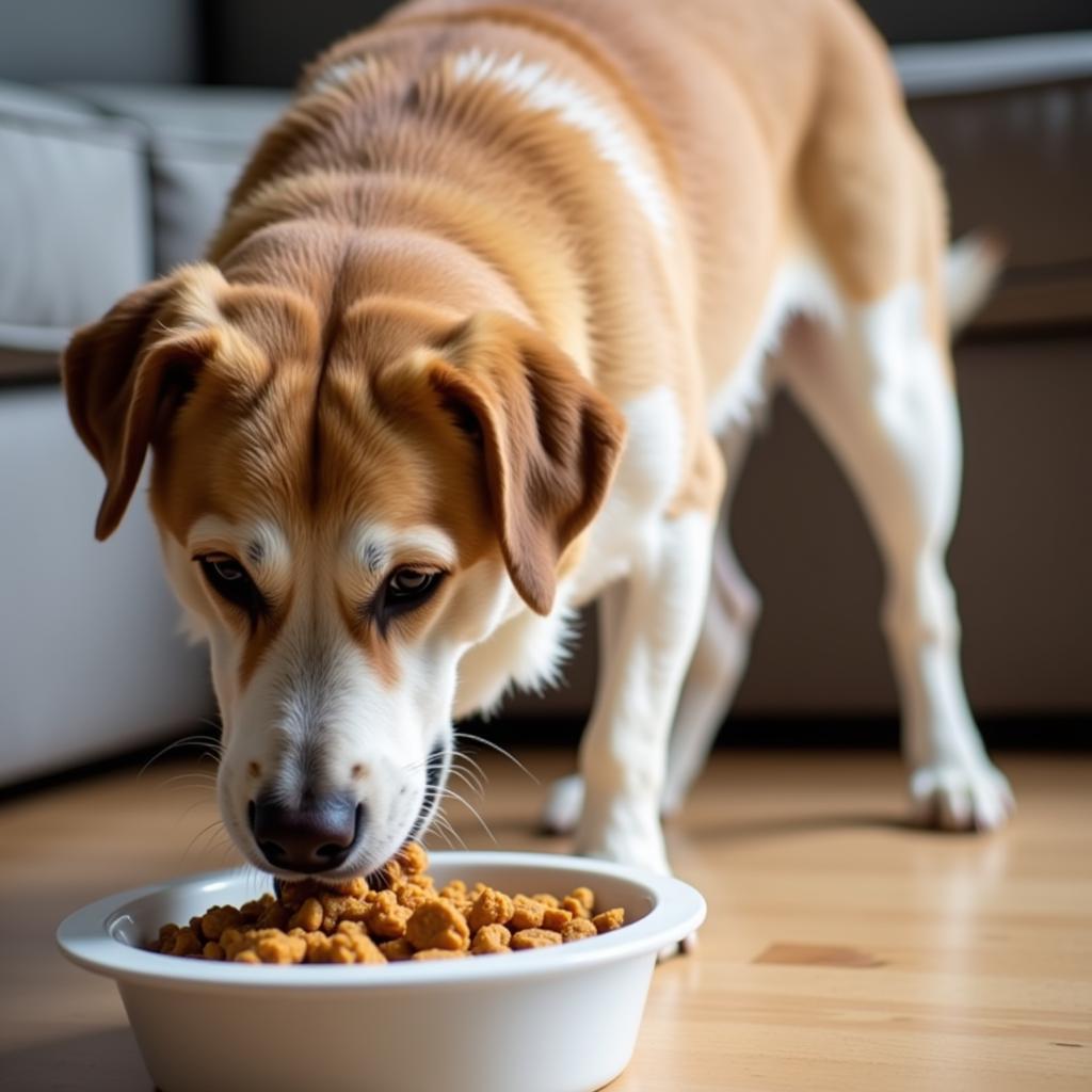 An overweight dog enjoying a bowl of dry dog food mixed with pumpkin, promoting healthy weight management.