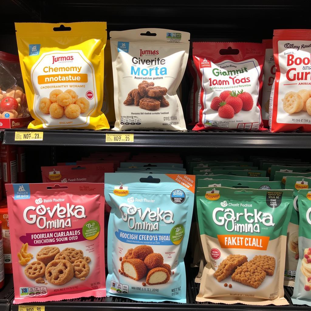 Different packaged raw food treats displayed on a store shelf.