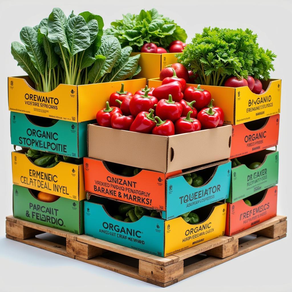 A vibrant pallet of fresh, organic produce, including various fruits and vegetables.