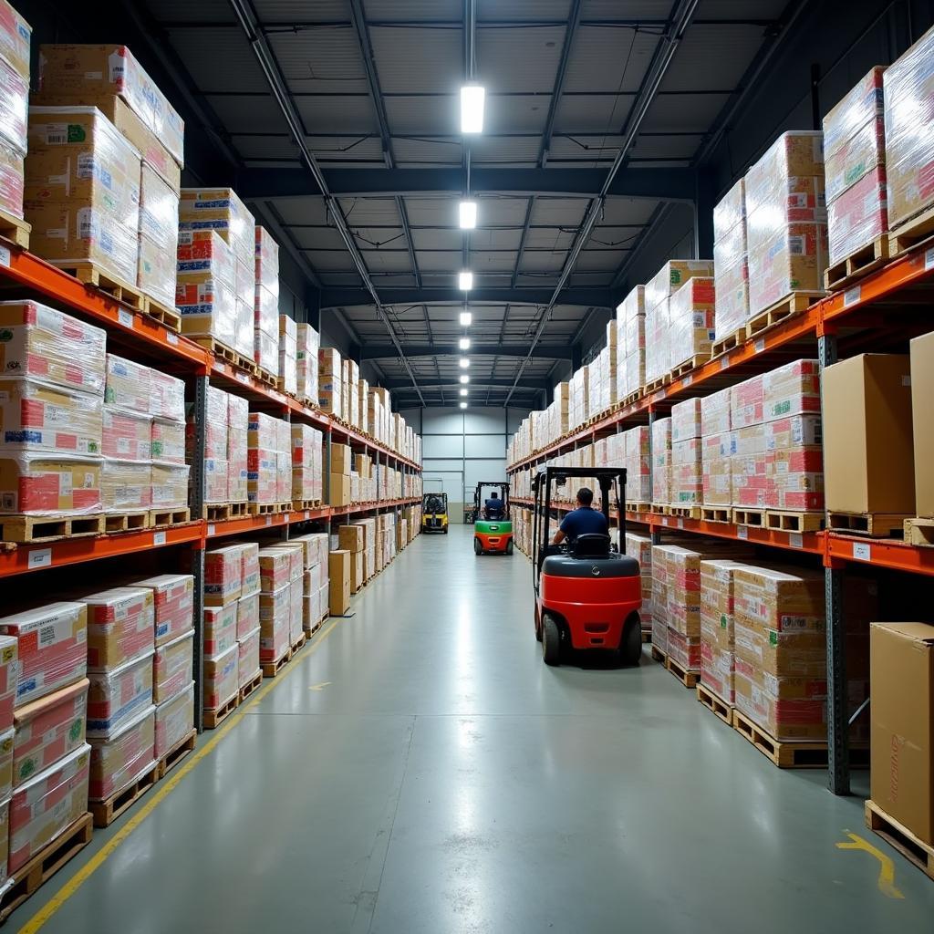 Pallets of food stacked high in a large warehouse, ready for distribution.