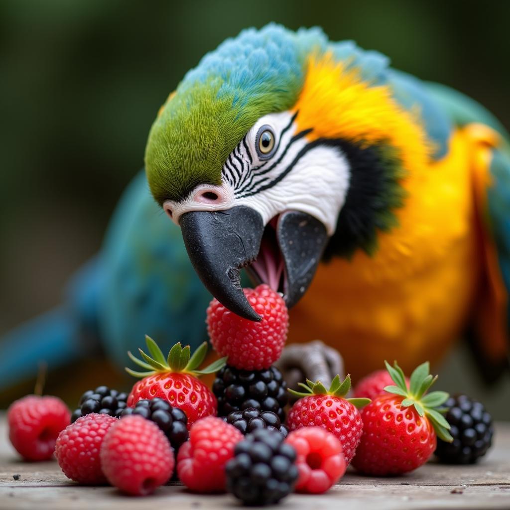 A Happy Parrot Eating Fresh Berries