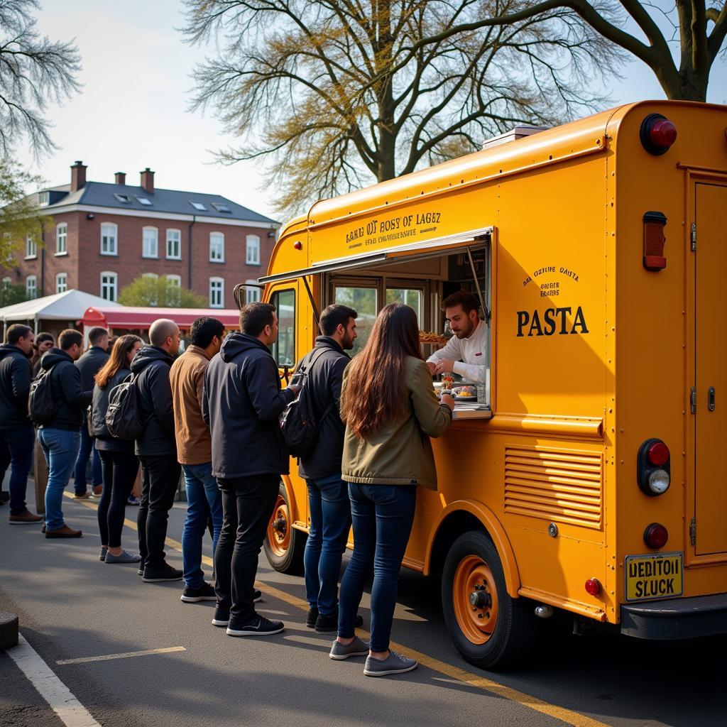 Pasta Food Truck Attracting a Large Crowd