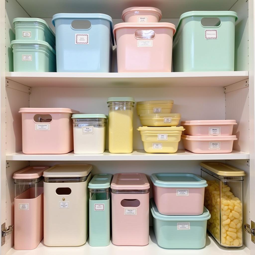 Pastel-colored food containers neatly organized in a pantry