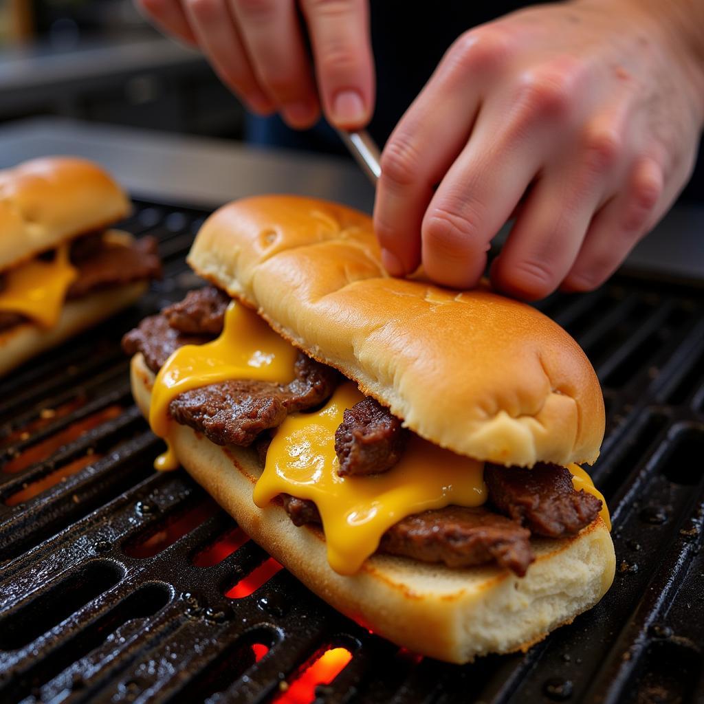 A cheesesteak being prepared at Pat's King of Steaks