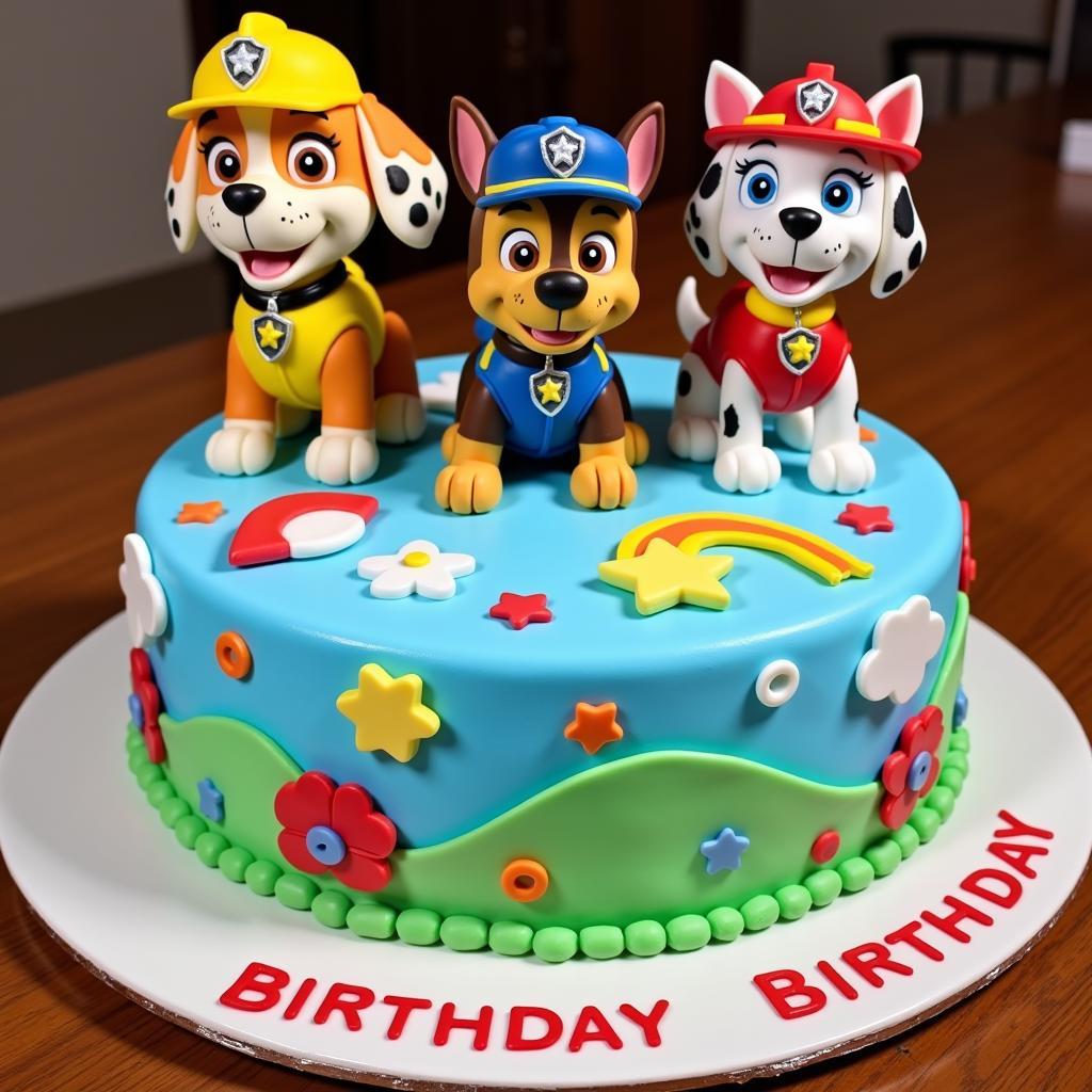 A Paw Patrol birthday cake decorated with figurines and colorful icing.