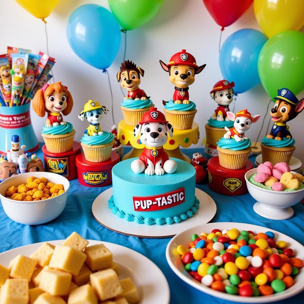 Paw Patrol themed party food table setup with colorful decorations and various treats.