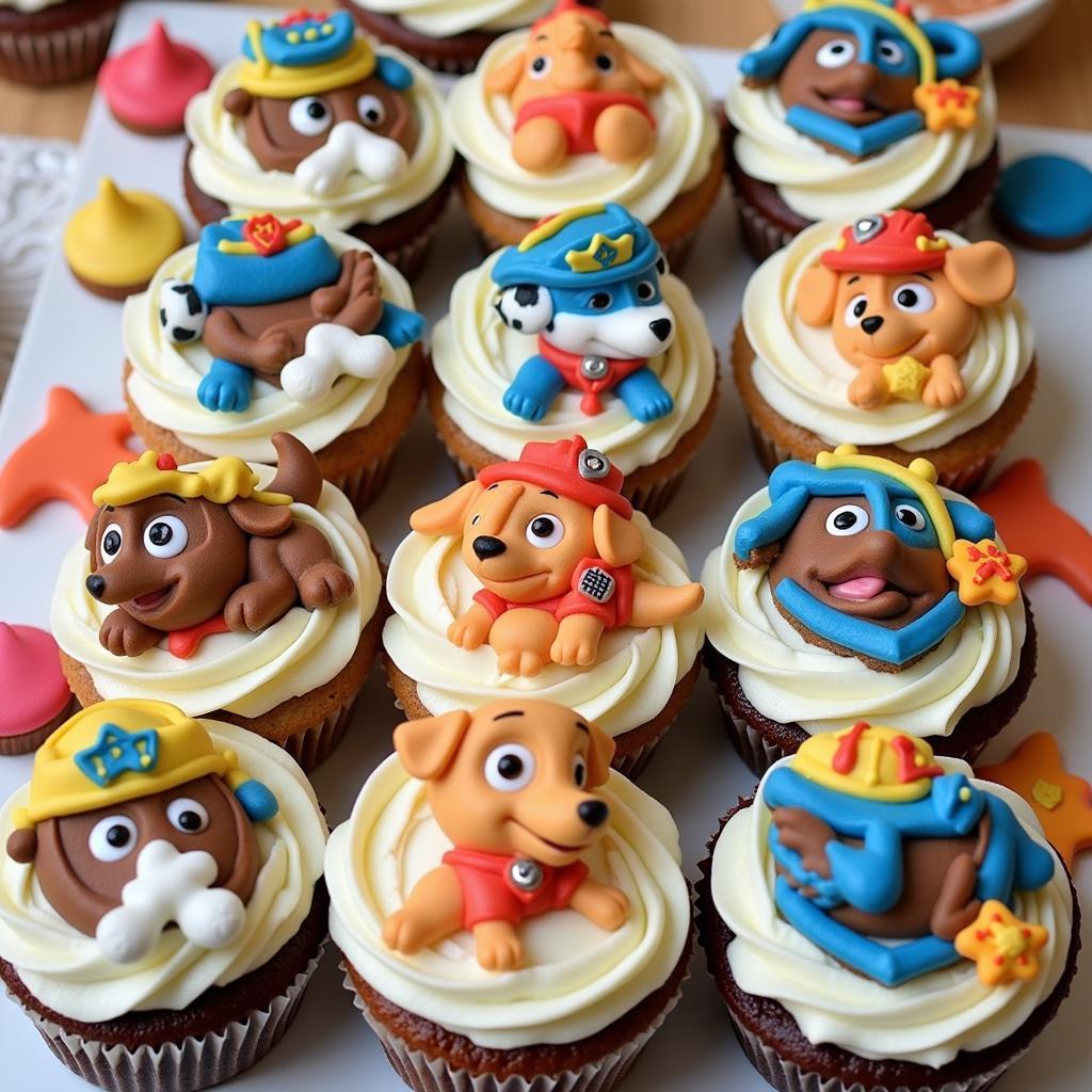 Close-up of Paw Patrol themed cupcakes and cookies decorated with edible images and icing.