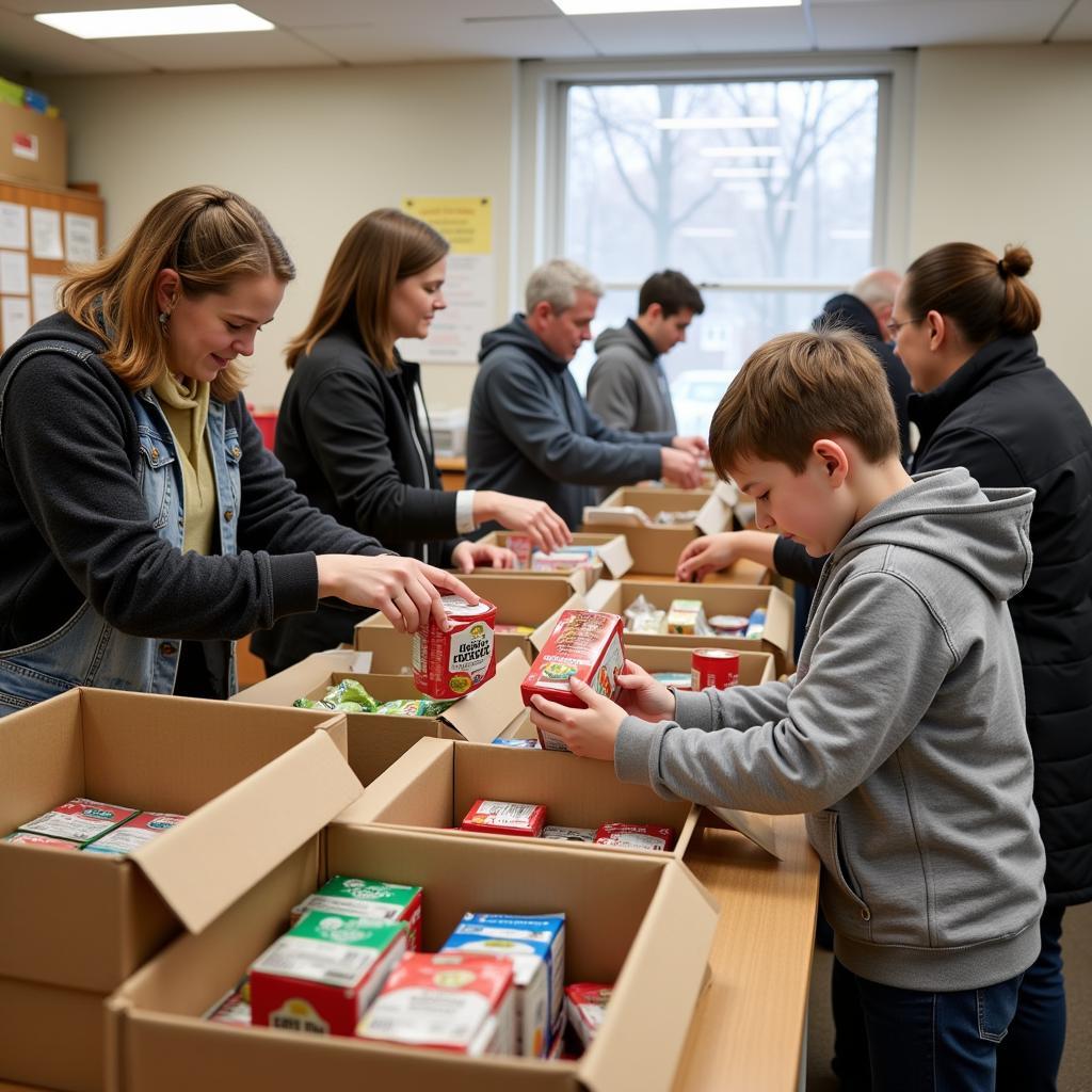 Volunteers sorting food at a Peabody MA food pantry