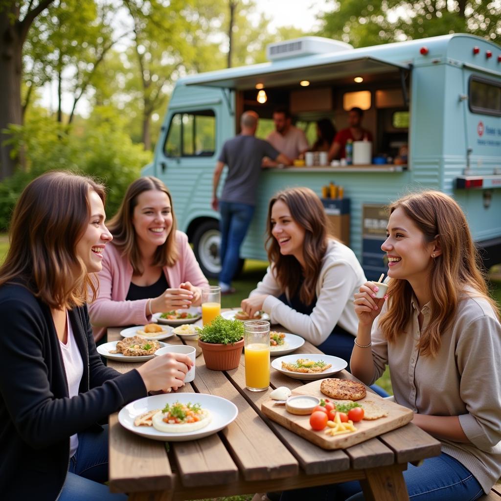 People enjoying their food truck meals