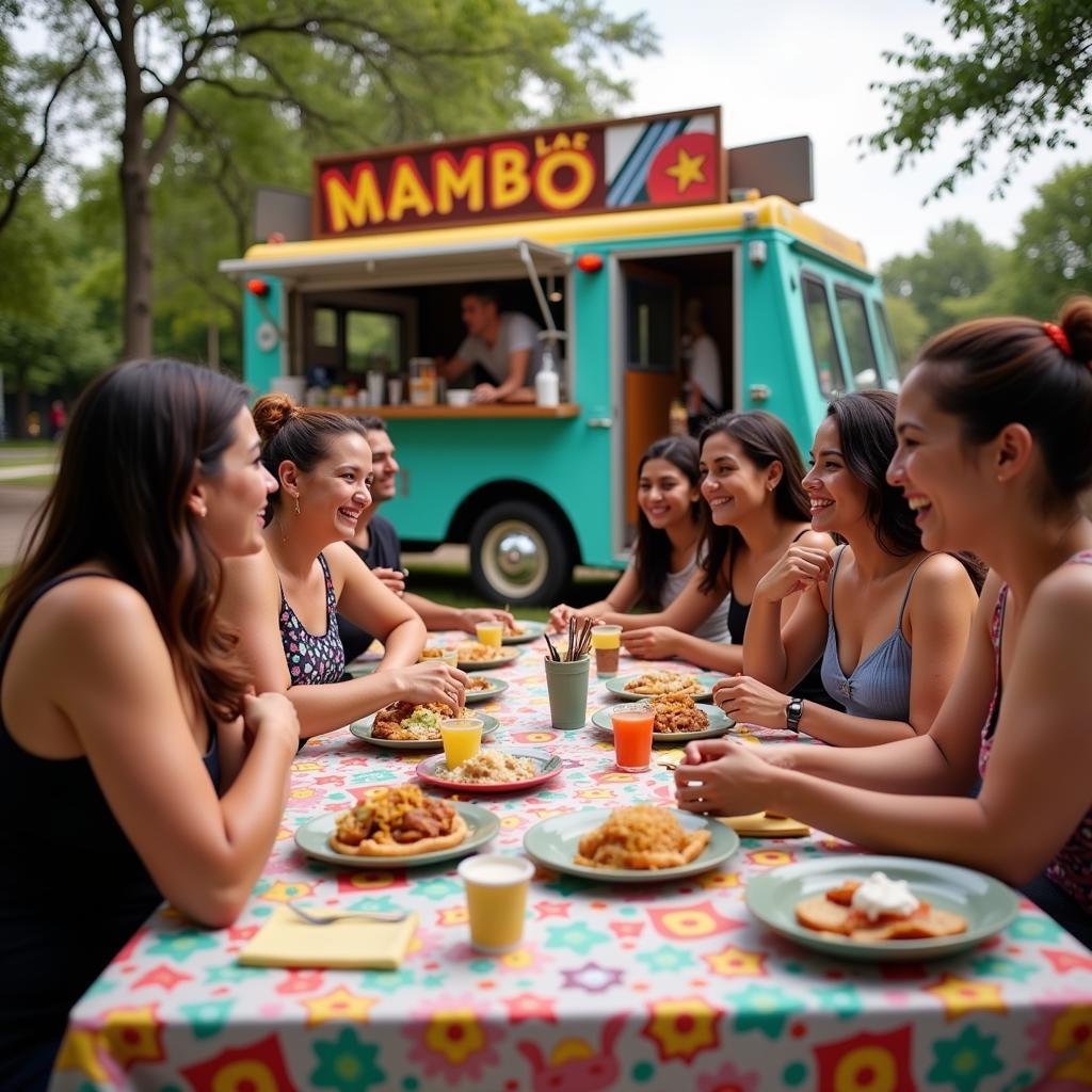 People enjoying their meals from a mambo food truck