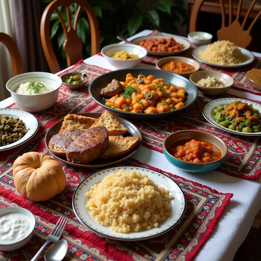 A table laden with a variety of delicious Persian dishes