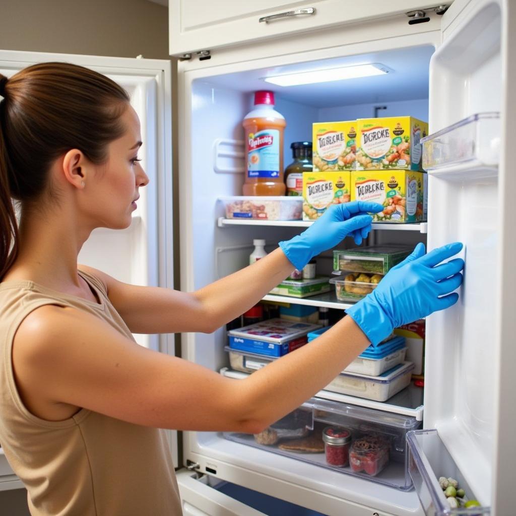 A person comfortably organizing their freezer using freezer gloves.