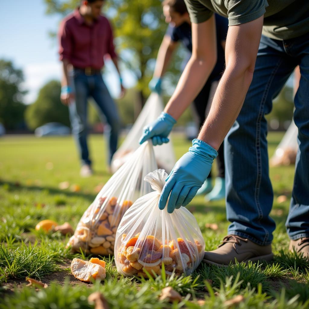 Person picking up food litter in a park cleanup