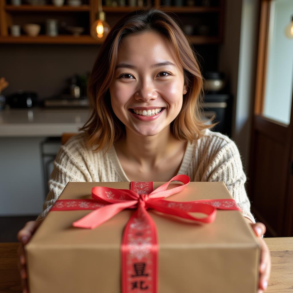 A person happily receiving an Asian food gift box.