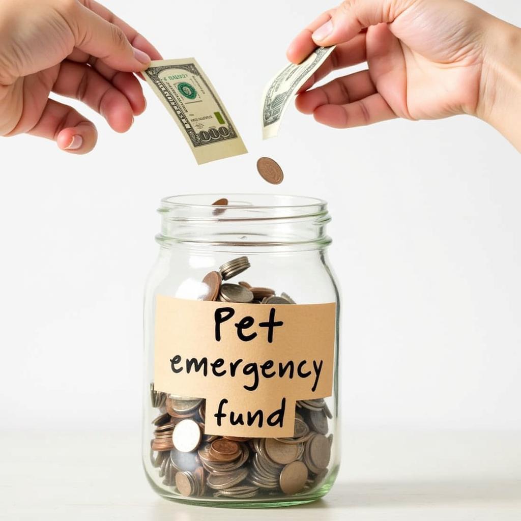 A pet owner putting money into a jar labeled "Pet Emergency Fund".