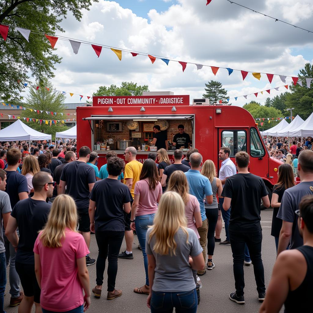 Piggin Out Food Truck serving customers at a bustling community festival.