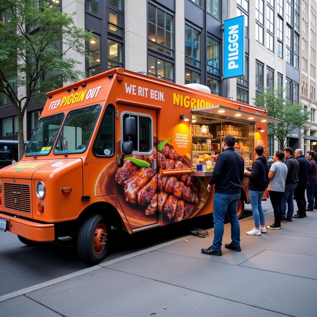 Piggin Out Food Truck serving delicious street food to happy customers.