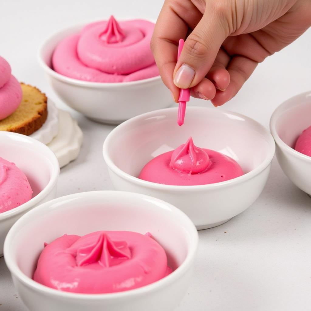 Pink gel food color being used to create vibrant pink shades in cakes and frosting