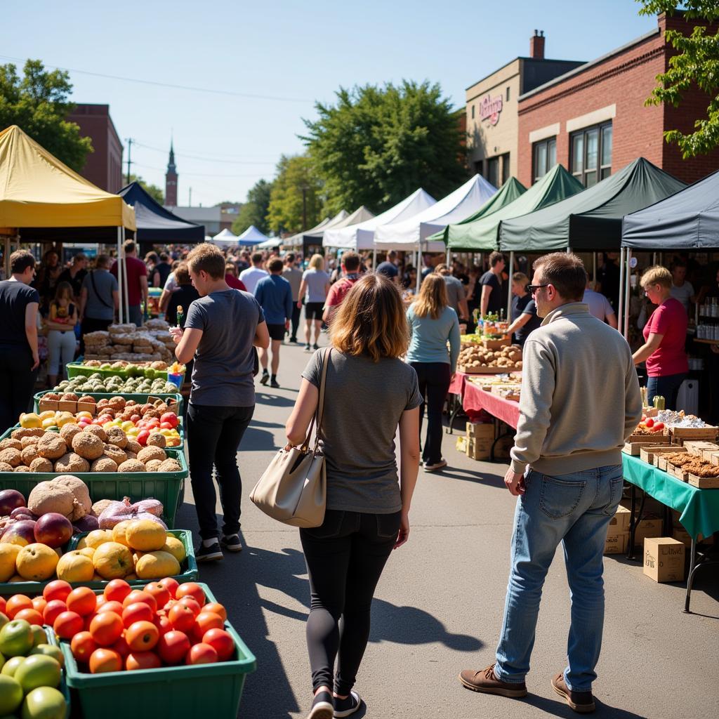 Busy and vibrant farmers market in Pinson, Alabama, featuring local produce and vendors