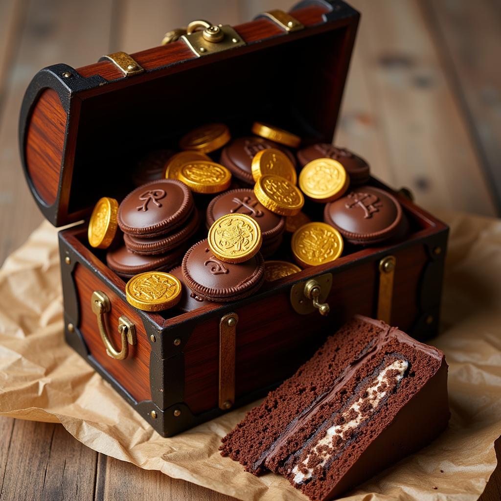 Pirate Desserts in a Treasure Chest, including Gold Doubloons, Pirate's Pudding, and Shipwreck Cake