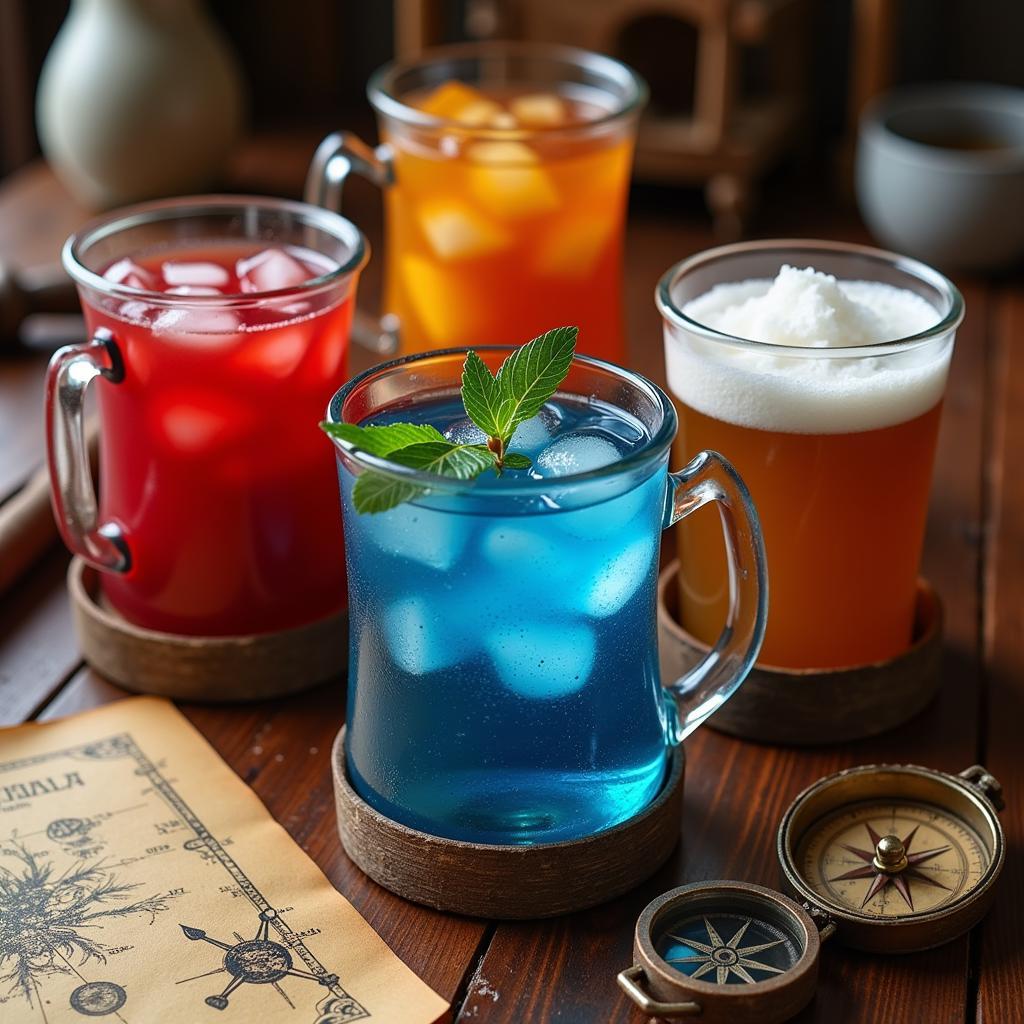 Pirate Drinks: Grog and Ocean Water served in rustic mugs