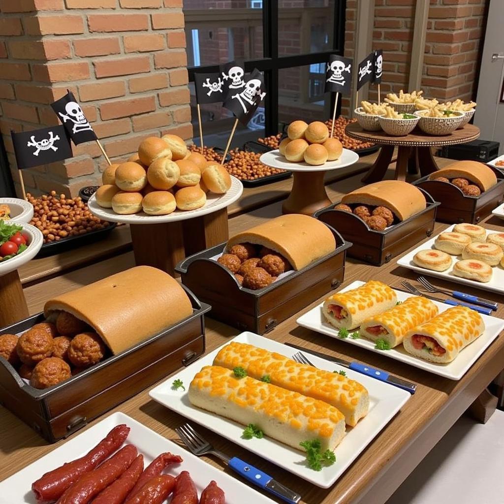 Pirate Party Food Spread with Cannonballs, Pirate's Booty, and Sea Serpent Sandwiches