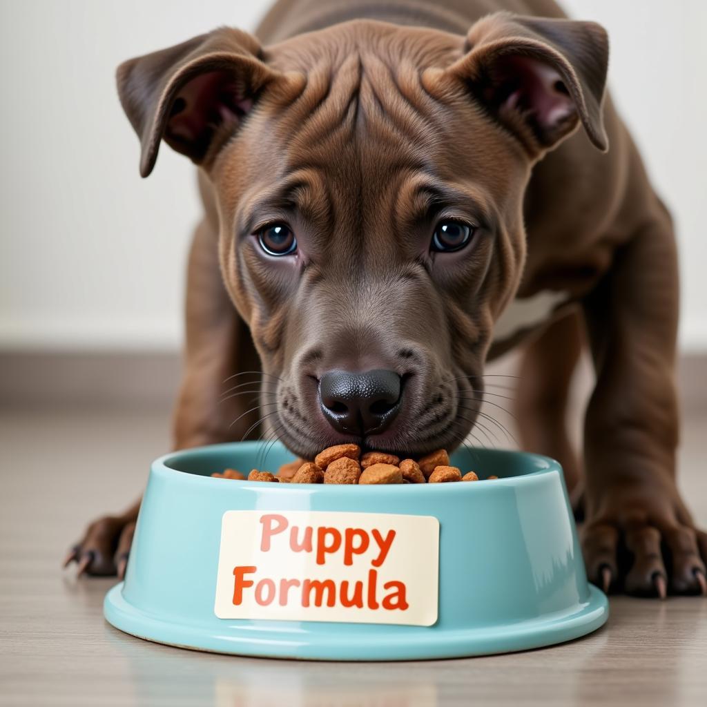 Pitbull puppy enjoying a meal of dry kibble