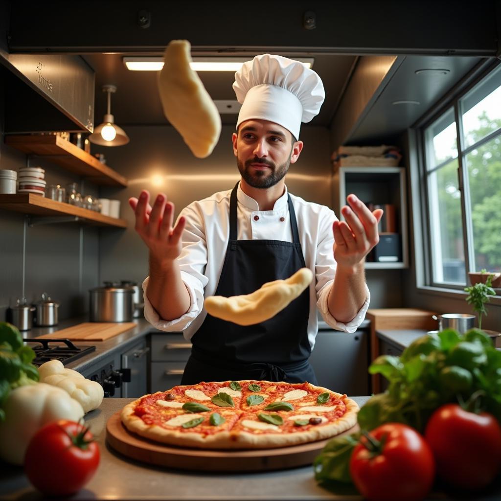 A skilled pizza chef preparing a delicious pizza inside a food truck