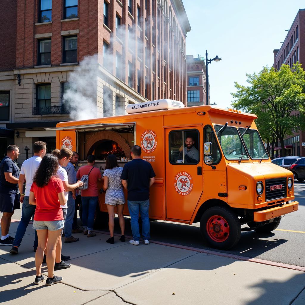 Pizza food truck serving customers in downtown Chattanooga