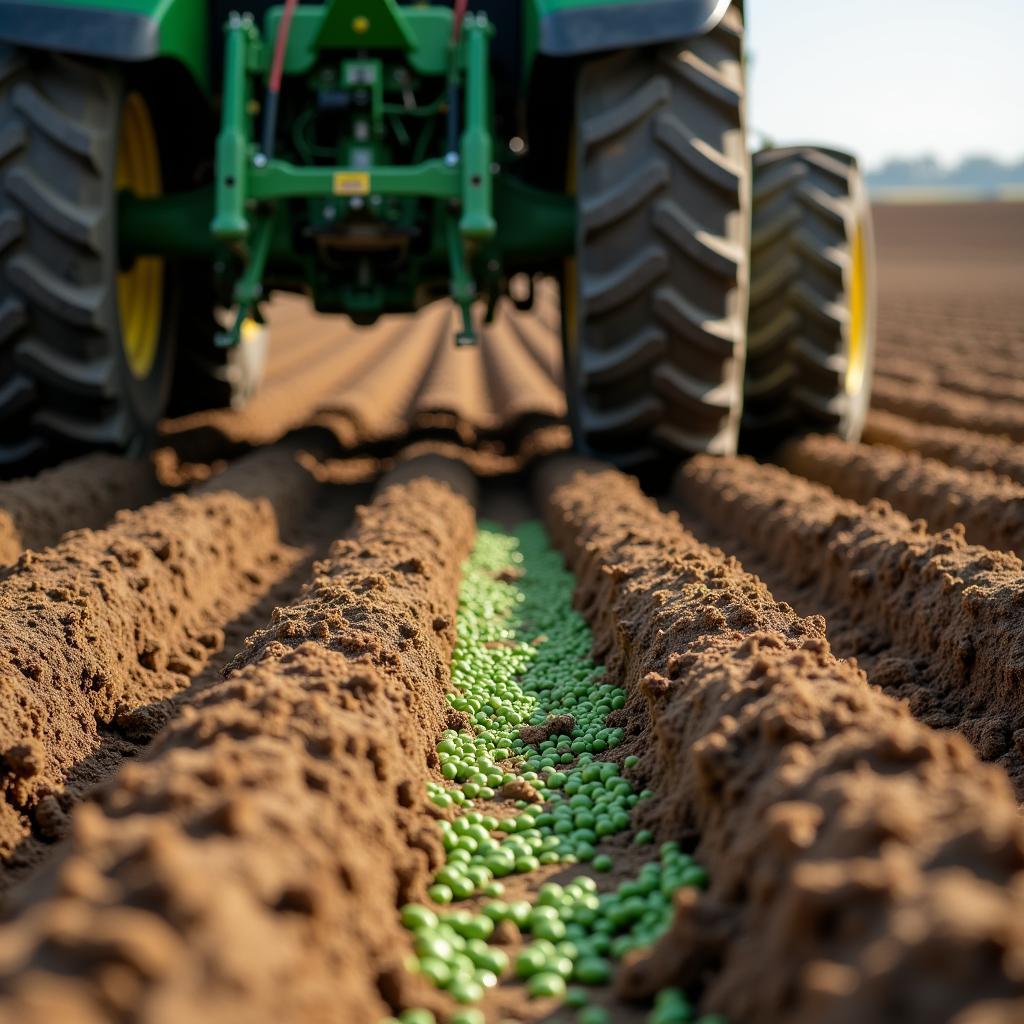 A farmer planting winter peas using a seed drill