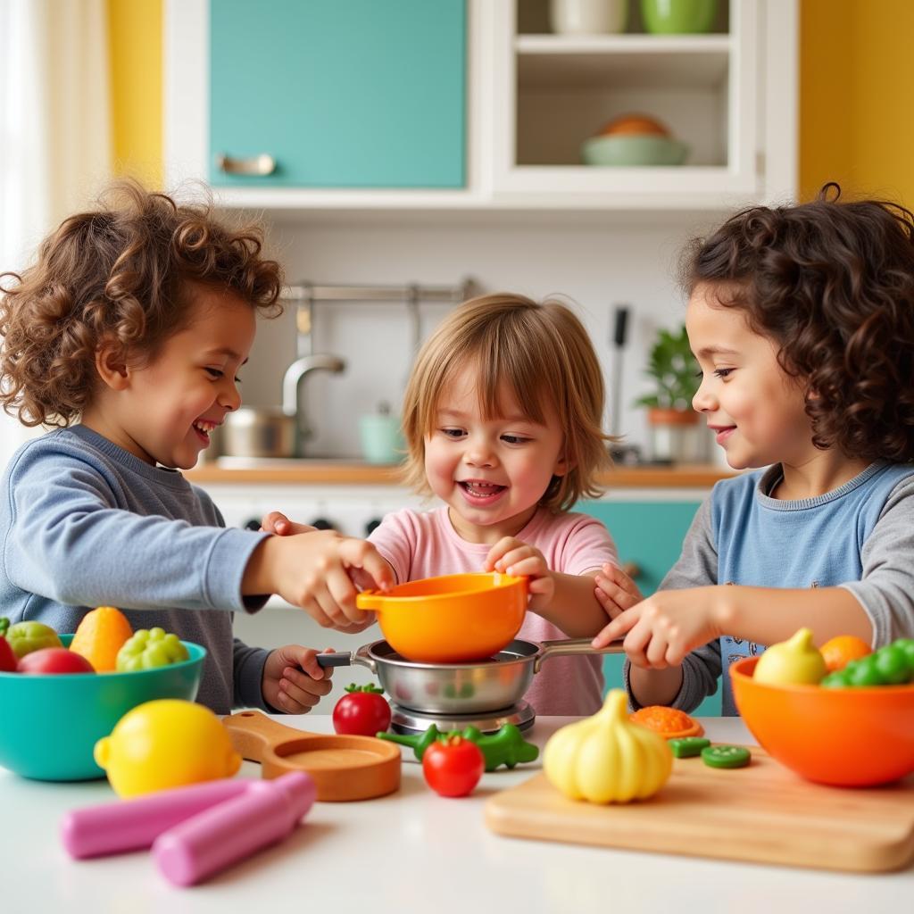 Children Playing with Toys Food in a Play Kitchen