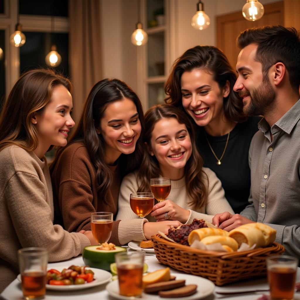 Polish Gift Basket Celebration - A family gathers around a table laden with food from a Polish gift basket.  They are laughing and enjoying each other's company, clearly delighted with the contents of the basket.