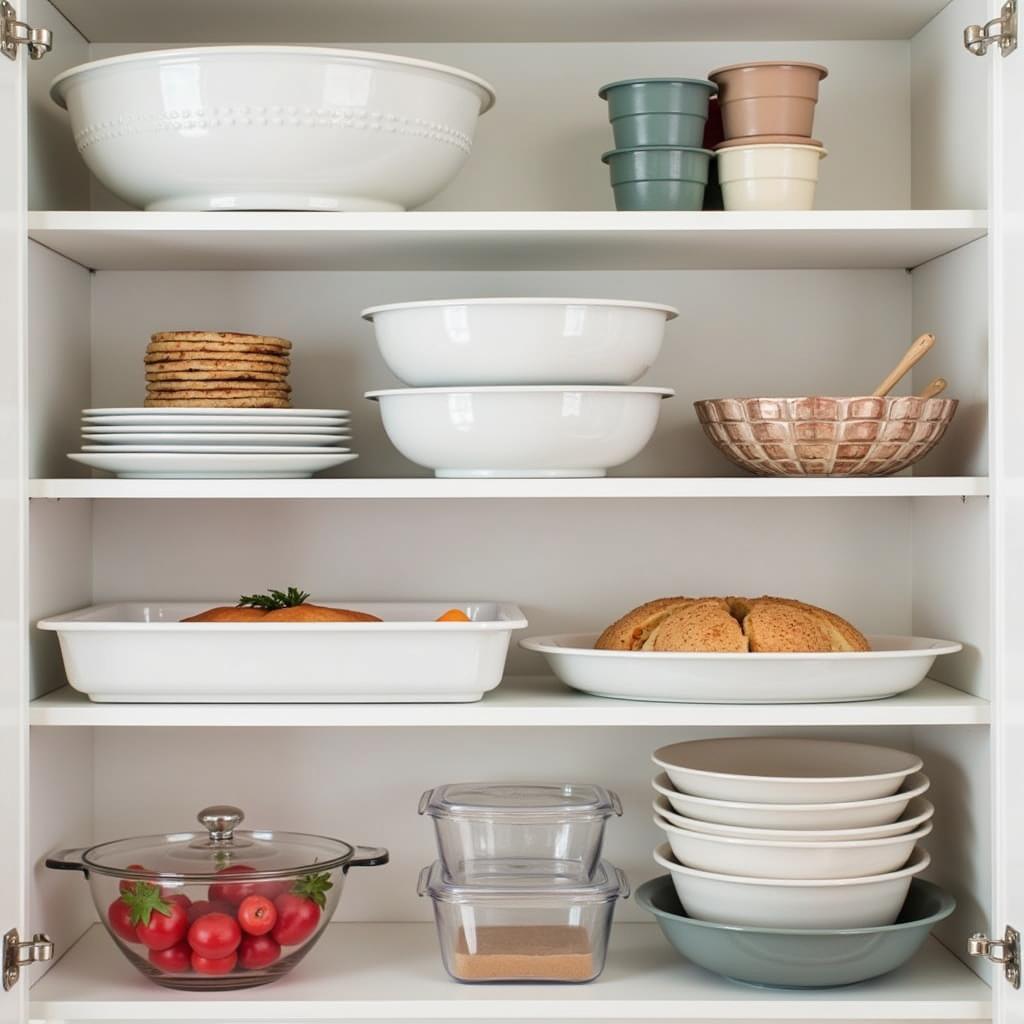 Different sizes of polycarbonate food pans arranged on a shelf.