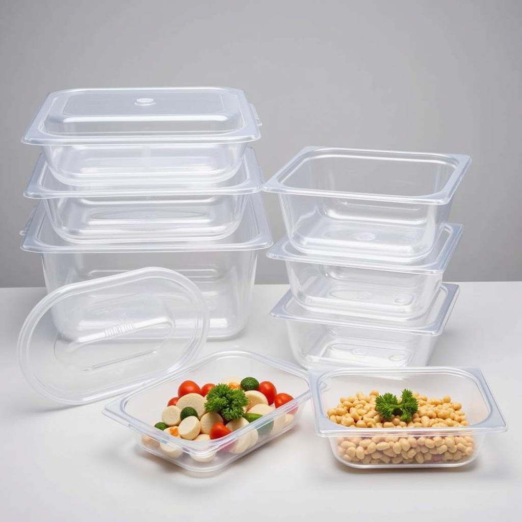 Various sizes and depths of polycarbonate food pans.