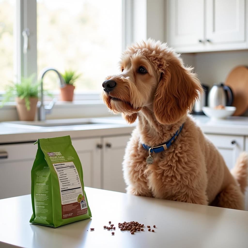 Poodle Carefully Examining Dog Food Label